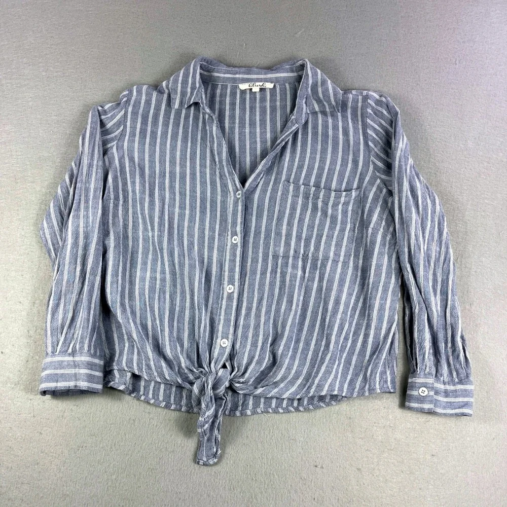 Blush 1X Blue White Stripe Button Down Shirt‎ Tie Front Long Sleeve Womens